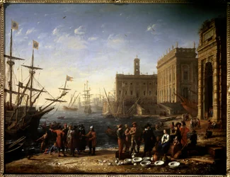 Utsikt over en havn med Kapitol. Utsikt over Roma i Italia. Maleri av Claude Gellée, kalt Le Lorrain (1600-1682). 17. århundre. Mål 0,56 x 0,82 m. Paris, Musée du Louvre.