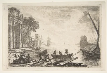 Havnescene med stigende sol, 1634.