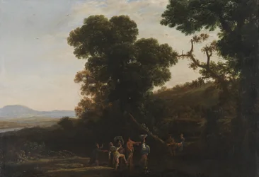 Landskap med figurer som vasser gjennom en bekk