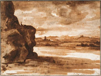 ""Landskap på Tiberen nord for Roma med skyet himmel"" (Tiberlandskap nord for roma med mørk skyet himmel) Pennetegning av Claude Lorrain (1600-1682) Rundt 1630-1640 Dim 19,9 x 26,7 cm Albertina , Wien