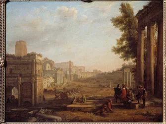 Utsikt over Campo Vaccino i Roma Forum Romanum rundt 1630 - Maleri av Claude Gellee kalt Lorrain (1600-1682) 1600-tallet Søn 0,56x0,72 m Paris, Musee du Louvre