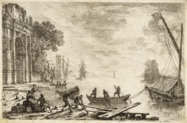 Havnescene med stigende sol, 1634