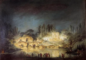 Illuminasjon av Belvedere-paviljongen i hagene ved Petit Trianon i Versailles under festen gitt ved dronning Marie Antoinette til ære for hennes bror Josef II (1741-1790) i august 1781