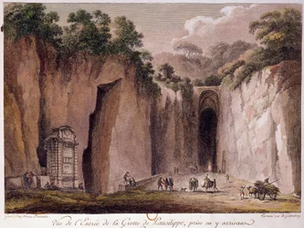 Utsikt over hulen Pausilippe (Posillipo) (eller "Grotta Vecchia"), nær Napoli. tegning av Chatelet