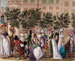 Mote under ledelsen: «Le petit Coblenz», promenaden Boulevard des Italians i Paris. Litografi av Claude Louis Desrais (1746-1816) 1798. Paris, Musee Carnavalet