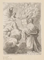 Armand-Jean du Plessis, hertugen av Richelieu, presenterer en bok til Mary with Child Tittelside for: Armand-Jean du Plessis hertug av Richelieu, Traité de la perfection du chrétien