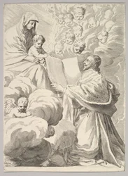 Kardinal Richelieu, knelende, presenterer sin bok til jomfruen og barnet, ca. 1646.