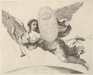 Berømmelse som bærer et skjold med initialen til Louis XIV La Renommée volant.