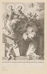 H. Bernard kneler foran en åpenbaring av jomfruen og barnet Tittelside for: Saint Bernardus, Divi Bernardi Abbatis (...), 1640