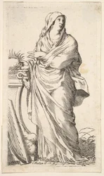 Kledd kvinne som står ved siden av en sokkel, hennes høyre hånd bærer en palmegren, en harpe r..., ca. 1620-88.