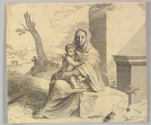 Jomfru og barn sitter på en stein Jomfru og barn i ruiner, 1659.