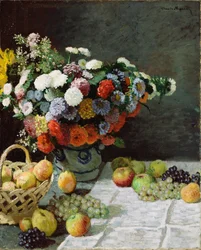 Stilleben med blomster og frukt, 1869