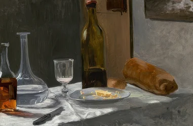 Stilleben med flaske, karaffel, brød og vin. Omkring 1862/63
