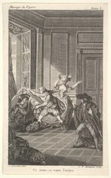 En mann krøllet sammen i en stol ser mot en annen mann som nærmer seg ham fra venstre i..., ca. 1784.