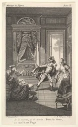 En mann lener seg mot en kvinne som står i en døråpning til høyre, til venstre en sittende kvinne reiser..., ca. 1784.