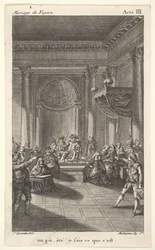 En mann som sitter i en stol på en trappetrinn holder et publikum, to pekende menn står..., ca. 1784.
