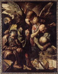 Dødsfallet til Saint Anthony (Saint Anthony the Great, 250/51-356) (eller Saint Anthony the Eremitt eller Saint Anthony the Abbe). Maleri (Vanite) av Claude Vignon (1593-1670)