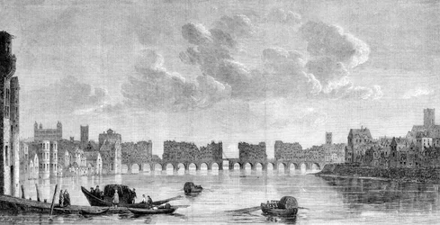 Den gamle London-broen ødelagt av den store brannen i 1666. Gravering fra et maleri av Claude de Jongh (1650) i Museum of South Kensington