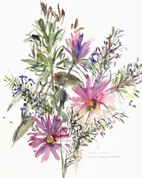 Blomster, sørafrikanske tusenfryd og lavendel, 2004 (akvarell)