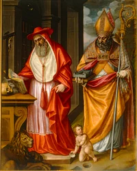 De hellige Hieronymus og Augustinus av Hippo, kirkefedrene, med en modell av Escorial …