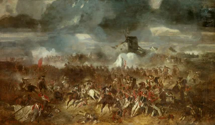 Napoleonskrigen: "" Utsikt over slaget ved Waterloo den 18.06.1815"" Maleri av Clement Auguste Andrieux (1829-1880) 1852 Søn. 1,1x1,93 m.