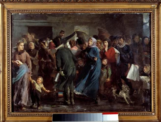 Køen foran slakterbutikken. De sultne innbyggerne i Paris venter på tur hos slakteren under krigen i 1870 - 1871 mot Preussen.
