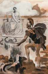 Akilles påkaller moren Thetis. Illustrasjon av Clement Gontier (1876-1918) for Homeres «Iliaden» (Omero). Paris, Henri Laurens