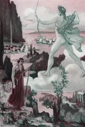 Påkallelse. Apollons sinne: Prest Chryses påkaller Apollo og sier: "La grekerne bli kastet bort, av dine piler, fra tårene de får meg til å felle!" . Illustrasjon av Clement Gontier (1876-1918) for Homeres «Iliaden» (Omero). Paris, Henri Laurens