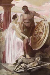 Akilles-skjoldet skapt av Vulcan. Illustrasjon av Clement Gontier (1876-1918) for Homeres «Iliaden» (Omero). Paris, Henri Laurens