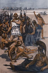 Thersite hits av Ulysses. Illustrasjon av Clement Gontier (1876-1918) for Homeres «Iliaden» (Omero). Paris, Henri Laurens