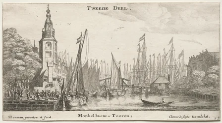 Ulike skip og utsikt over Amsterdam (Verscheÿde Schepen en Gesichten van Amstelredam), del II: Kanal nær Amsterdam og Monkeltårnet