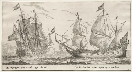 Ulike skip og utsikt over Amsterdam (Verscheÿde Schepen en Gesichten van Amstelredam), del II: The Freedom, a Man-of-War. Ulvehunden, et spansk fartøy
