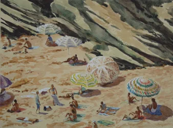 Strand, steiner og parasoller