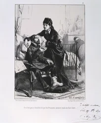 Den fransk-prøyssiske krig 1870-1871: En såret soldat blir pleiet og får næring. Fra en serie litografier av Clément-Auguste Andrieux om nasjonalgardene.