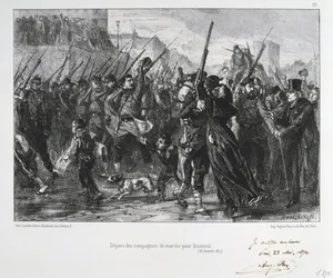 Den fransk-prøyssiske krig 1870-1871: Slaget ved Buzenval (Mont Valérien) nær Versailles, 19. januar 1871. Nasjonalgarden marsjerer mot slaget og nederlaget. Fra en serie litografier av Clément-Auguste Andrieux om nasjonalgardene.