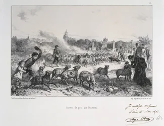 Den fransk-prøyssiske krig 1870-1871: En saueflokk drives bort for å hindre at den faller i hendene på prøysserne. Fra en serie litografier av Clément-Auguste Andrieux om nasjonalgardene.