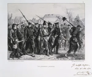 Den fransk-prøyssiske krig 1870-1871: Prøyssiske krigsfanger. Fra en serie litografier av Clément-Auguste Andrieux om nasjonalgardene.