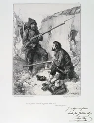 Den fransk-prøyssiske krig 1870-1871. Beleiringen av Paris 19. sept. 1870-28. jan. 1871. Mobilgardens ankomst for å hjelpe til med forsvaret av Paris, september 1870. Fra en serie litografier av Clément-Auguste Andrieux om nasjonalgardene.
