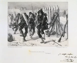 Den fransk-prøyssiske krig 1870-1871. Beleiringen av Paris 19. sept. 1870-28. jan. 1871. Soldater på vollene hopper omkring for å holde varmen. Fra en serie litografier av Clément-Auguste Andrieux om nasjonalgardene.