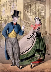 En dame og en herre ved inngangen til Oxford Music Hall, Oxford St, Westminster, c1860