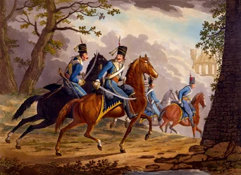 Østerrikske husarer i jakten på fienden, 1799 (håndfarget akvatint)