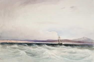 Kartleggingsskipet HMS «Beagle» seiler inn i Berkeley Sound på Falklandsøyene