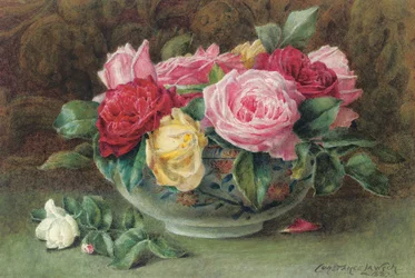 Stilleben med en skål med rosa, gule og røde roser, 1883