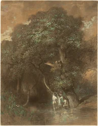 Badende ved en gigantisk eik, ca. 1842–1844 (kull på papir)