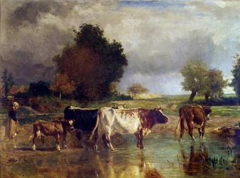 Ku og kalv ved dammen eller vanningstrauet Maleri av Constant Troyon (1810-1865) 1800-tallet Søn. 0,78x1,03 m