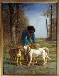 Jegervakter stopper ved hundene hans. Maleri av Constant Troyon (1810-1865)
