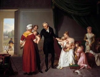 Aliber vaksinerer et barn på Liancourt Castle. Dette bildet representerer en vaksinasjon mot kopper, ifølge Edward Jenners prinsipp. Maleri av Constant Desbordes (1761-1827)