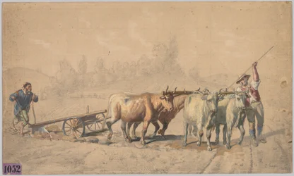 Fire okser som trekker en plog, 1853.