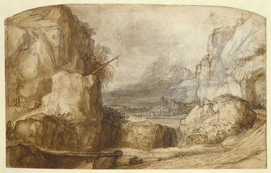 Fjelllandskap (penn, brunt blekk, pensel og kritt på papir)