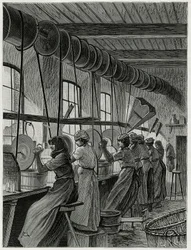 Et kvinneverksted ved glasstøyet til Val Saint Lambert. Gravering av C.Meunier for å illustrere historien "" La Belgique"", av Camille Lemonnier (1844-1913), forfatter og kunstkritiker.